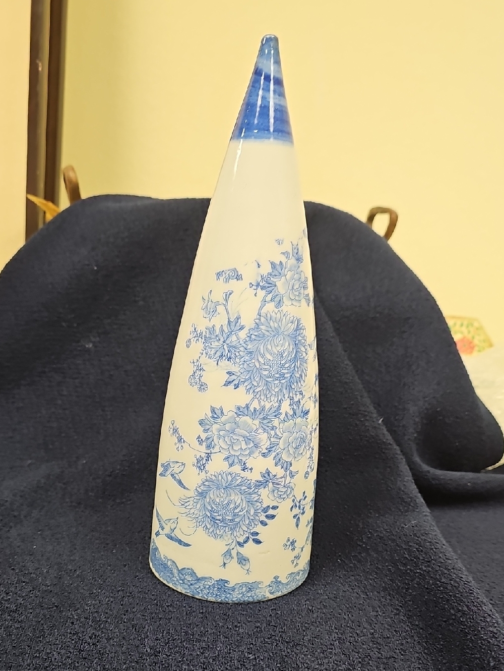 Antique Asian Wall Pocket, 11" Tall. Blue Floral Porcelain Cone